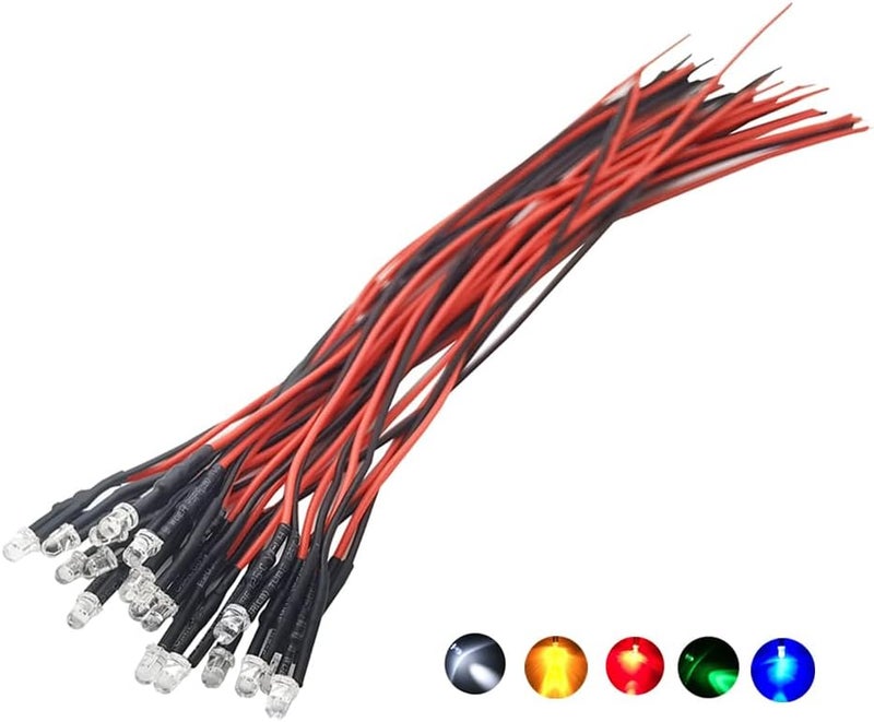 Vrabocry 25pcs (5 Colors x 5pcs) 12 Volt LED Lights Emitting Diodes Pre Wired DC 12v 3mm LED Assorted Kit Clear Lens- White Red Yellow Green Blue 1.5 Hz Blinking Small LED Lamps - Image 1